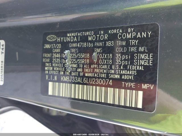 Aukcja sprzedaży 2020 Hyundai Tucson Sel, vin: KM8J33AL6LU230074, numer aukcji: 44513486