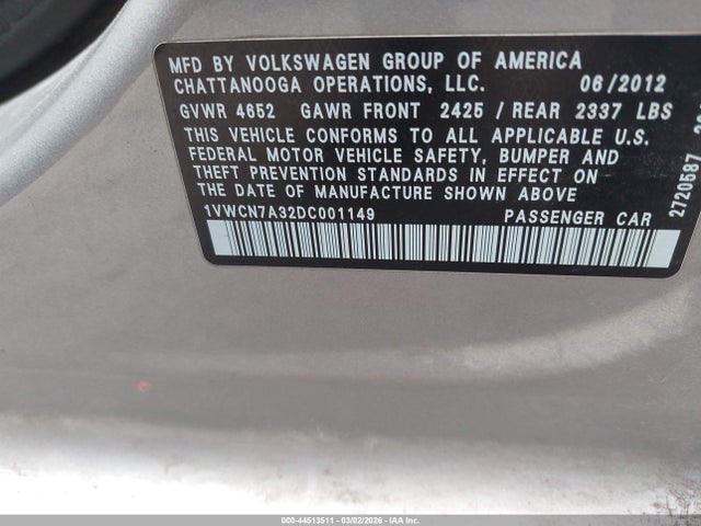 Продаж на аукціоні авто 2013 Volkswagen Passat 2.0l Tdi Sel Premium, vin: 1VWCN7A32DC001149, номер лоту: 44513511
