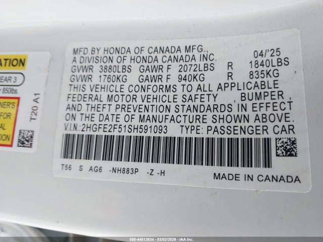 Продажа на аукционе авто 2025 Honda Civic Sport, vin: 2HGFE2F51SH591093, номер лота: 44513534