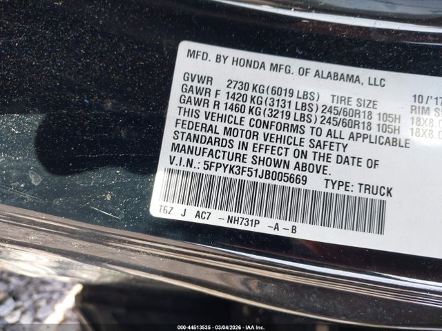 Honda Ridgeline Rtl 2018 5FPYK3F51JB005669 Image 9