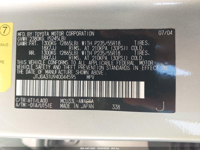 44513552 :رقم المزاد ، JTJGA31U940044595 vin ، 2004 Lexus Rx 330 مزاد بيع