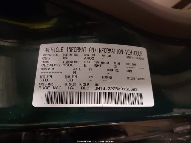 Aukcja sprzedaży 1999 Mazda Protege Dx/lx, vin: JM1BJ2225X0165892, numer aukcji: 44513561