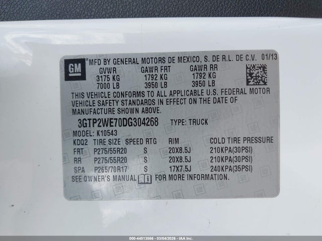 Aukcja sprzedaży 2013 Gmc Sierra 1500 Slt, vin: 3GTP2WE70DG304268, numer aukcji: 44513566