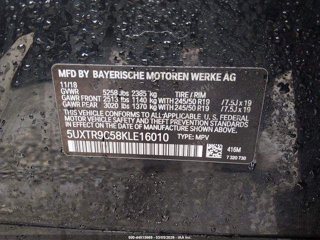 2019 Bmw X3 Xdrive30i მანქანა იყიდება აუქციონზე, vin: 5UXTR9C58KLE16010, აუქციონის ნომერი: 44513569
