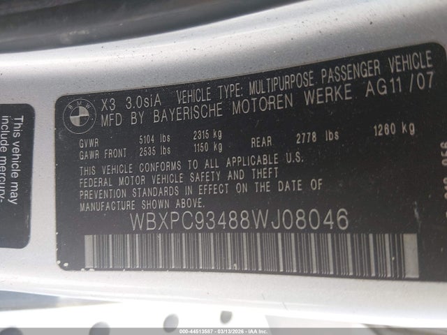 Aukcja sprzedaży 2008 Bmw X3 3.0si, vin: WBXPC93488WJ08046, numer aukcji: 44513587