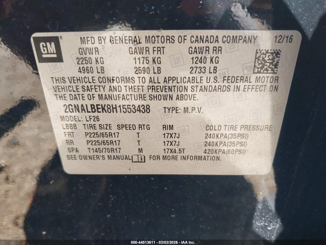 44513611 :رقم المزاد ، 2GNALBEK8H1553438 vin ، 2017 Chevrolet Equinox Ls مزاد بيع