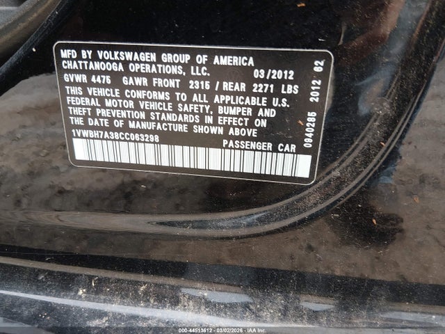 Продажа на аукционе авто 2012 Volkswagen Passat 2.5l Se, vin: 1VWBH7A38CC063298, номер лота: 44513612