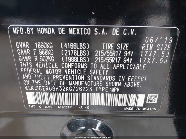 2019 Honda Hr-v Lx მანქანა იყიდება აუქციონზე, vin: 3CZRU6H32KG726223, აუქციონის ნომერი: 44513619