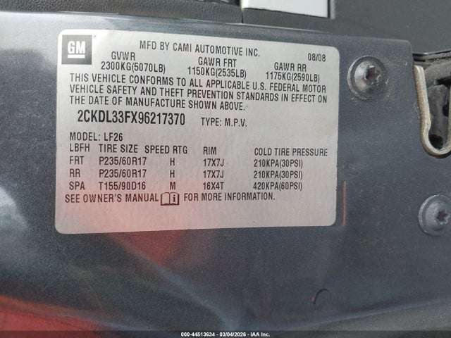 2009 Pontiac Torrent მანქანა იყიდება აუქციონზე, vin: 2CKDL33FX96217370, აუქციონის ნომერი: 44513634