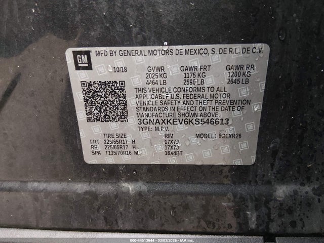 2019 Chevrolet Equinox Lt მანქანა იყიდება აუქციონზე, vin: 3GNAXKEV6KS546613, აუქციონის ნომერი: 44513644