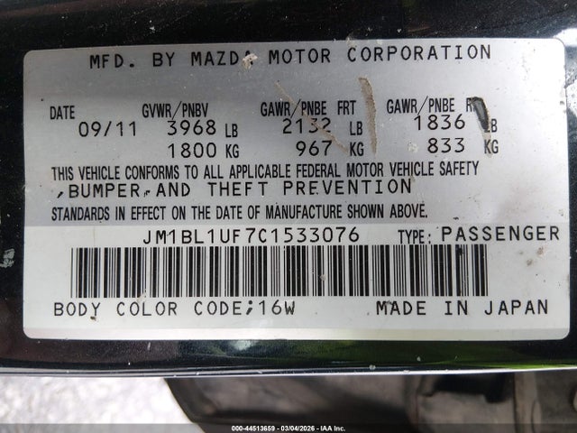 Aukcja sprzedaży 2012 Mazda Mazda3 I Sport, vin: JM1BL1UF7C1533076, numer aukcji: 44513659