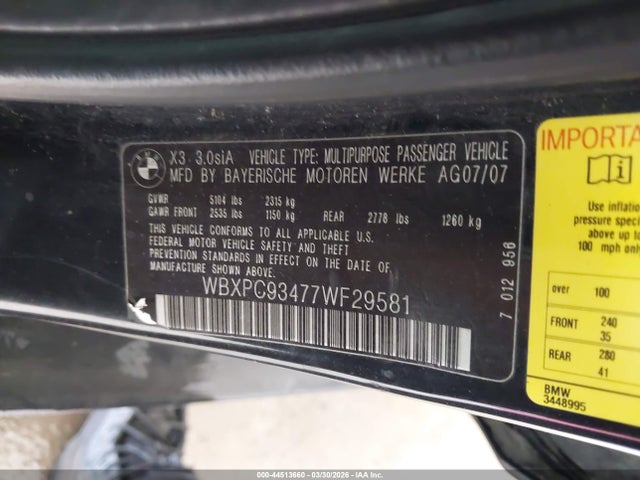 2007 Bmw X3 3.0si მანქანა იყიდება აუქციონზე, vin: WBXPC93477WF29581, აუქციონის ნომერი: 44513660