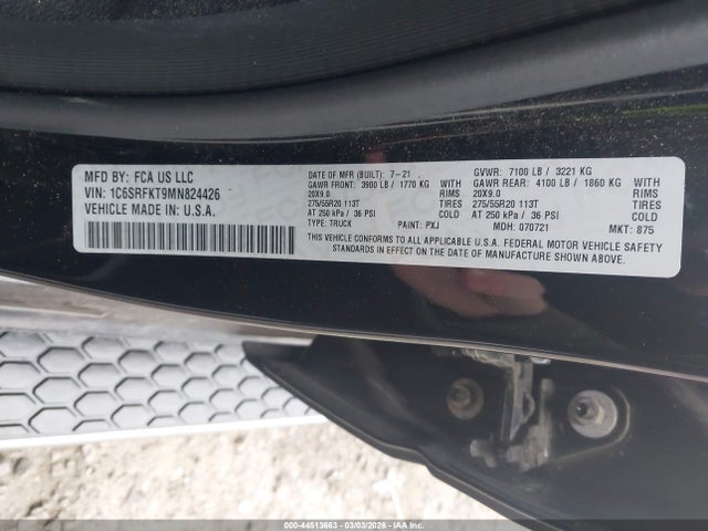 2021 Ram 1500 მანქანა იყიდება აუქციონზე, vin: 1C6SRFKT9MN824426, აუქციონის ნომერი: 44513663