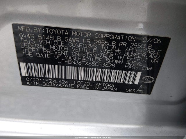 2006 Lexus Ls 430 მანქანა იყიდება აუქციონზე, vin: JTHBN36FX65053628, აუქციონის ნომერი: 44513664
