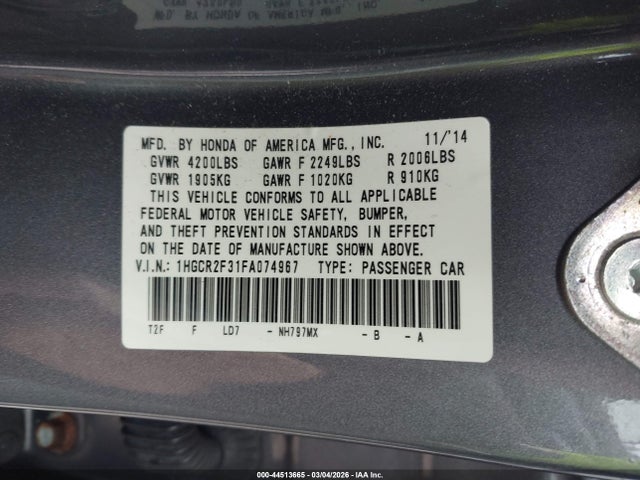Aukcja sprzedaży 2015 Honda Accord Lx, vin: 1HGCR2F31FA074967, numer aukcji: 44513665