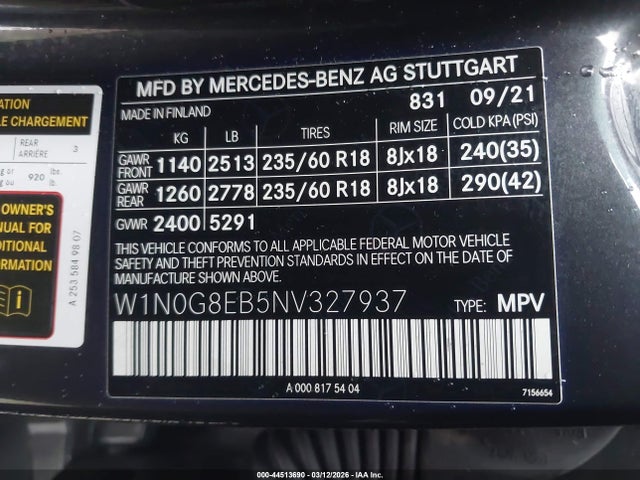44513690 :رقم المزاد ، W1N0G8EB5NV327937 vin ، 2022 Mercedes-benz Glc 300 4matic Suv مزاد بيع
