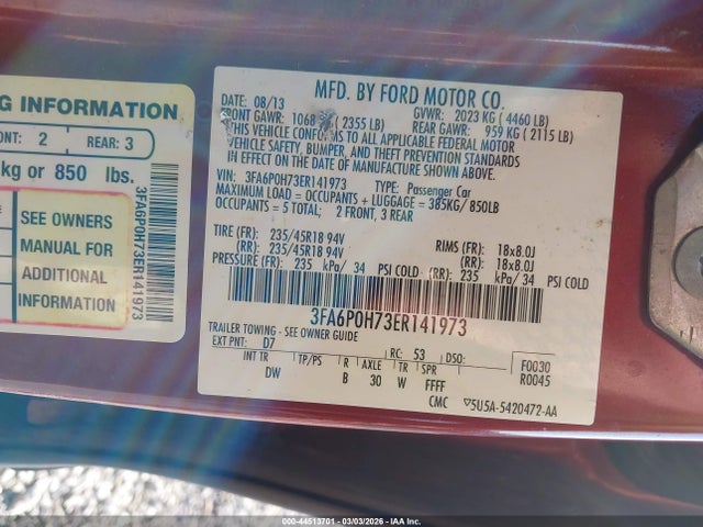 44513701 :رقم المزاد ، 3FA6P0H73ER141973 vin ، 2014 Ford Fusion Se مزاد بيع