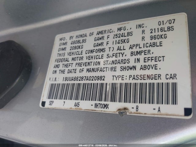 Aukcja sprzedaży 2007 Acura Tl 3.2, vin: 19UUA66287A020982, numer aukcji: 44513716