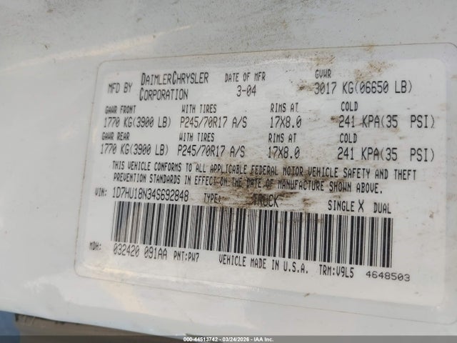 44513742 :رقم المزاد ، 1D7HU18N34S692848 vin ، 2004 Dodge Ram 1500 Slt/laramie مزاد بيع