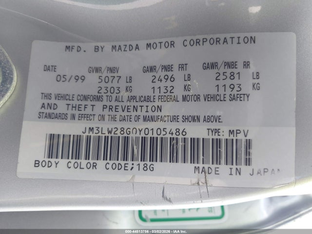 Aukcja sprzedaży 2000 Mazda Mpv, vin: JM3LW28G0Y0105486, numer aukcji: 44513756