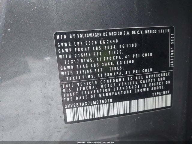 3VV2B7AX7LM076020 Volkswagen Tiguan 2.0t Se/2.0t Se R-line Black/2.0t Sel