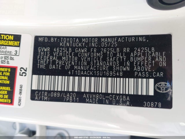 44513783 :رقم المزاد ، 4T1DAACK1SU169548 vin ، 2025 Toyota Camry Xle مزاد بيع