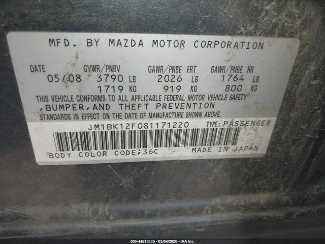 44513835 :رقم المزاد ، JM1BK12F081171220 vin ، 2008 Mazda Mazda3 I Sport مزاد بيع