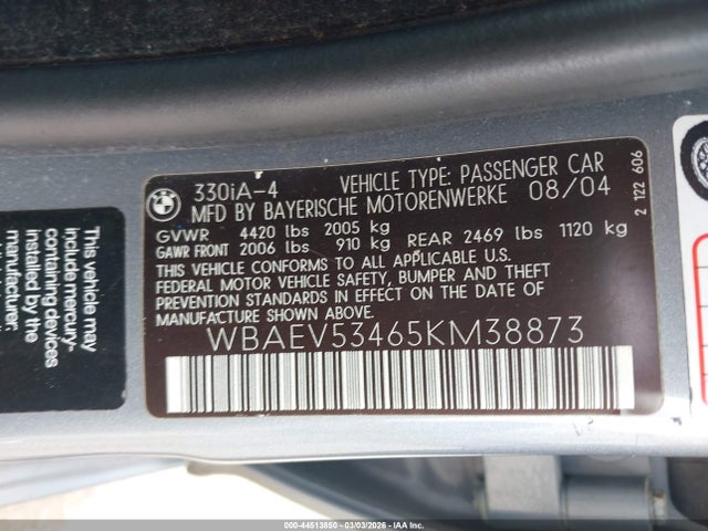 Продажа на аукционе авто 2005 Bmw 330i, vin: WBAEV53465KM38873, номер лота: 44513850