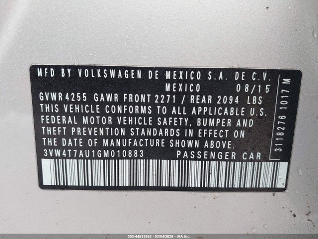44513862 :رقم المزاد ، 3VW4T7AU1GM010883 vin ، 2016 Volkswagen Golf Gti Se 4-door مزاد بيع