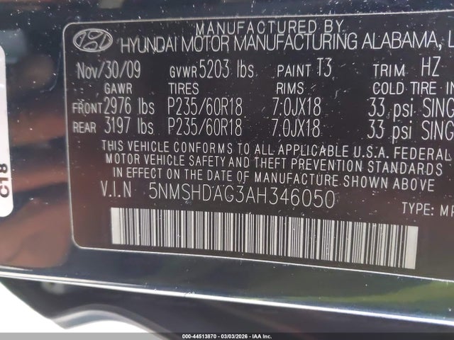Продаж на аукціоні авто 2010 Hyundai Santa Fe Se, vin: 5NMSHDAG3AH346050, номер лоту: 44513870