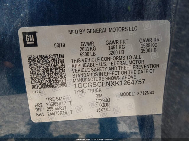 Aukcja sprzedaży 2019 Chevrolet Colorado Lt, vin: 1GCGSCENXK1264757, numer aukcji: 44513921