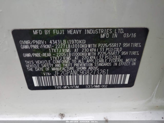 Aukcja sprzedaży 2016 Subaru Crosstrek 2.0i Limited, vin: JF2GPANC9G8273261, numer aukcji: 44513936