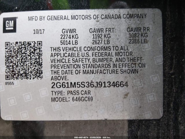 44514074 :رقم المزاد ، 2G61M5S36J9134664 vin ، 2018 Cadillac Xts Luxury مزاد بيع