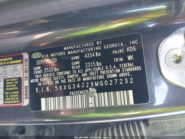 Aukcja sprzedaży 2021 Kia K5 Ex, vin: 5XXG34J29MG027232, numer aukcji: 44514082