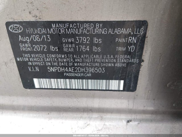 44514117 :رقم المزاد ، 5NPDH4AE2DH396503 vin ، 2013 Hyundai Elantra Gls مزاد بيع