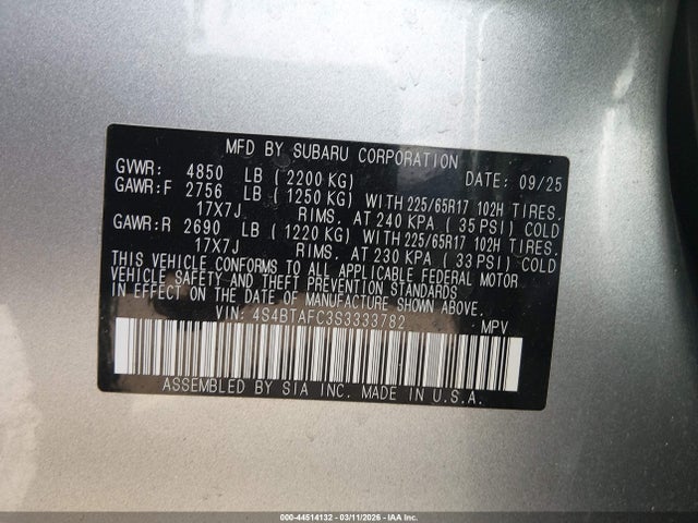 44514132 :رقم المزاد ، 4S4BTAFC3S3333782 vin ، 2025 Subaru Outback Premium مزاد بيع