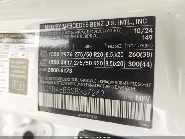 44514147 :رقم المزاد ، 4JGFB4EB5SB337269 vin ، 2025 Mercedes-benz Gle 350 مزاد بيع