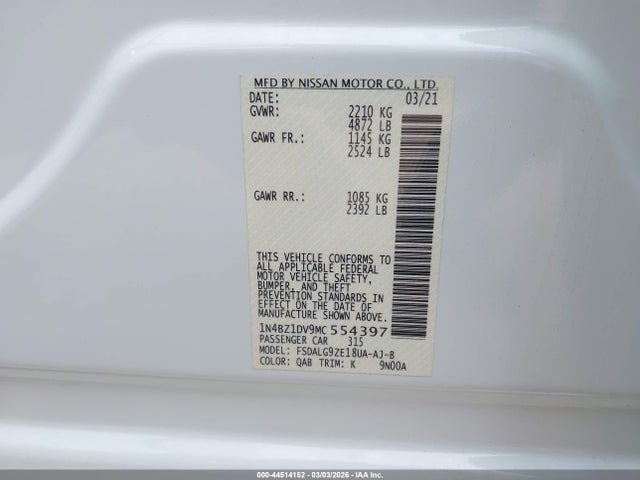 1N4BZ1DV9MC554397 Nissan Leaf Sl Plus 62 Kwh