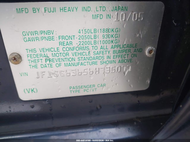Aukcja sprzedaży 2006 Subaru Forester 2.5x, vin: JF1SG63656H735077, numer aukcji: 44514168
