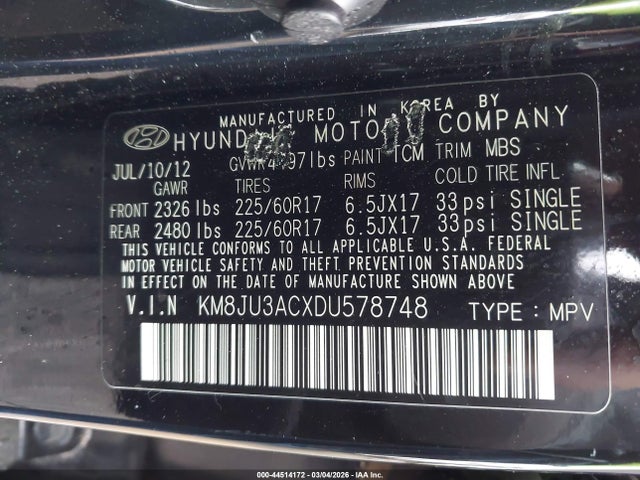 Aukcja sprzedaży 2013 Hyundai Tucson Gls, vin: KM8JU3ACXDU578748, numer aukcji: 44514172