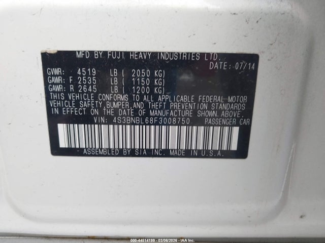 44514199 :رقم المزاد ، 4S3BNBL68F3008750 vin ، 2015 Subaru Legacy 2.5i Limited مزاد بيع