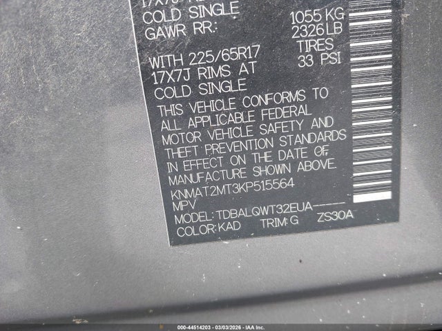 2019 Nissan Rogue Sv მანქანა იყიდება აუქციონზე, vin: KNMAT2MT3KP515564, აუქციონის ნომერი: 44514203