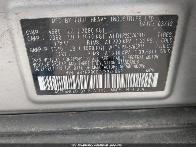 Aukcja sprzedaży 2012 Subaru Outback 2.5i Premium, vin: 4S4BRBCC7C3276562, numer aukcji: 44514204