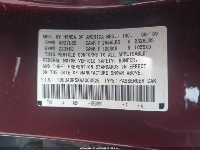 Aukcja sprzedaży 2010 Acura Tl 3.7, vin: 19UUA9F5XAA000526, numer aukcji: 44514210