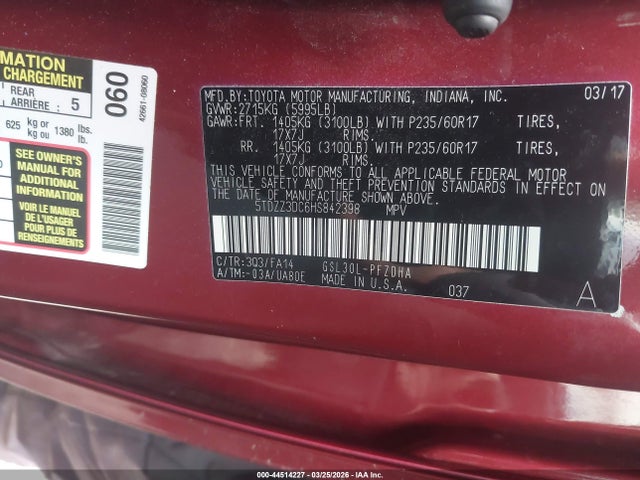 5TDZZ3DC6HS842398 Toyota Sienna L 7 Passenger