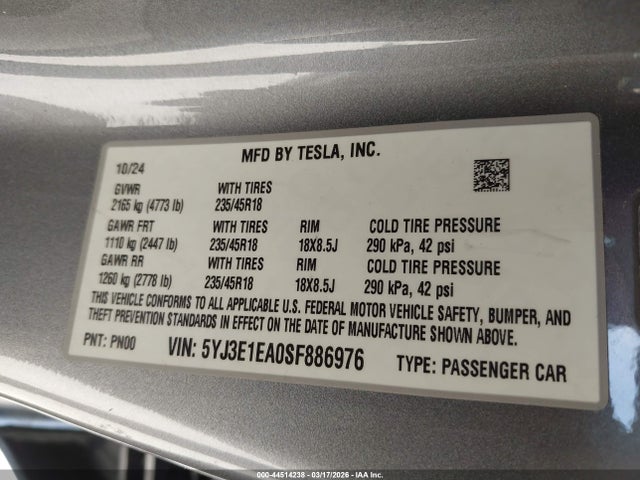 44514238 :رقم المزاد ، 5YJ3E1EA0SF886976 vin ، 2025 Tesla Model 3 Long Range Rear-wheel Drive/standard Rear-wheel Drive مزاد بيع