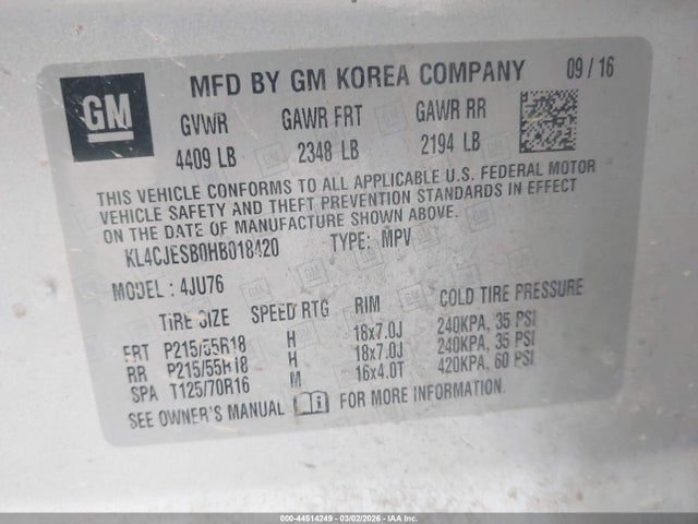 Продаж на аукціоні авто 2017 Buick Encore Preferred, vin: KL4CJESB0HB018420, номер лоту: 44514249