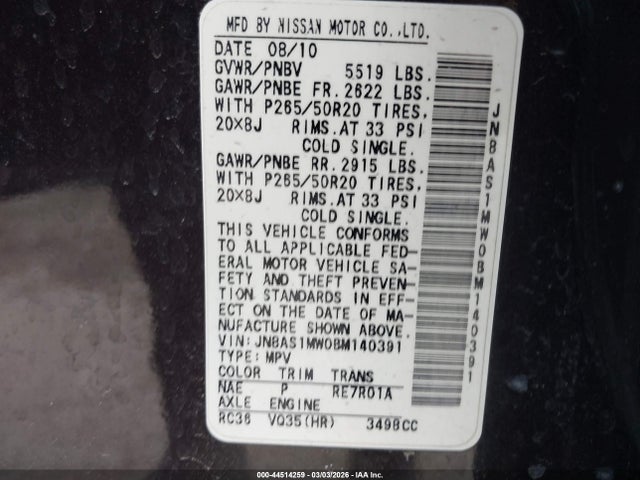 Aukcja sprzedaży 2011 Infiniti Fx35, vin: JN8AS1MW0BM140391, numer aukcji: 44514259
