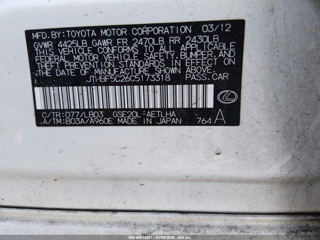 44514281 :رقم المزاد ، JTHBF5C26C5173318 vin ، 2012 Lexus Is 250 مزاد بيع