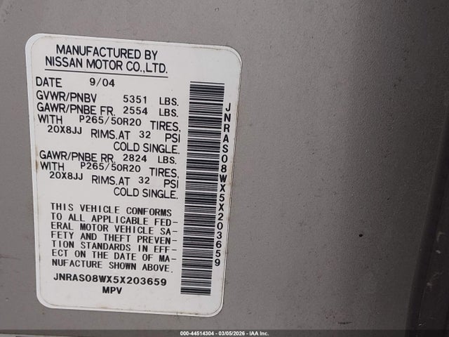 44514304 :رقم المزاد ، JNRAS08WX5X203659 vin ، 2005 Infiniti Fx35 مزاد بيع